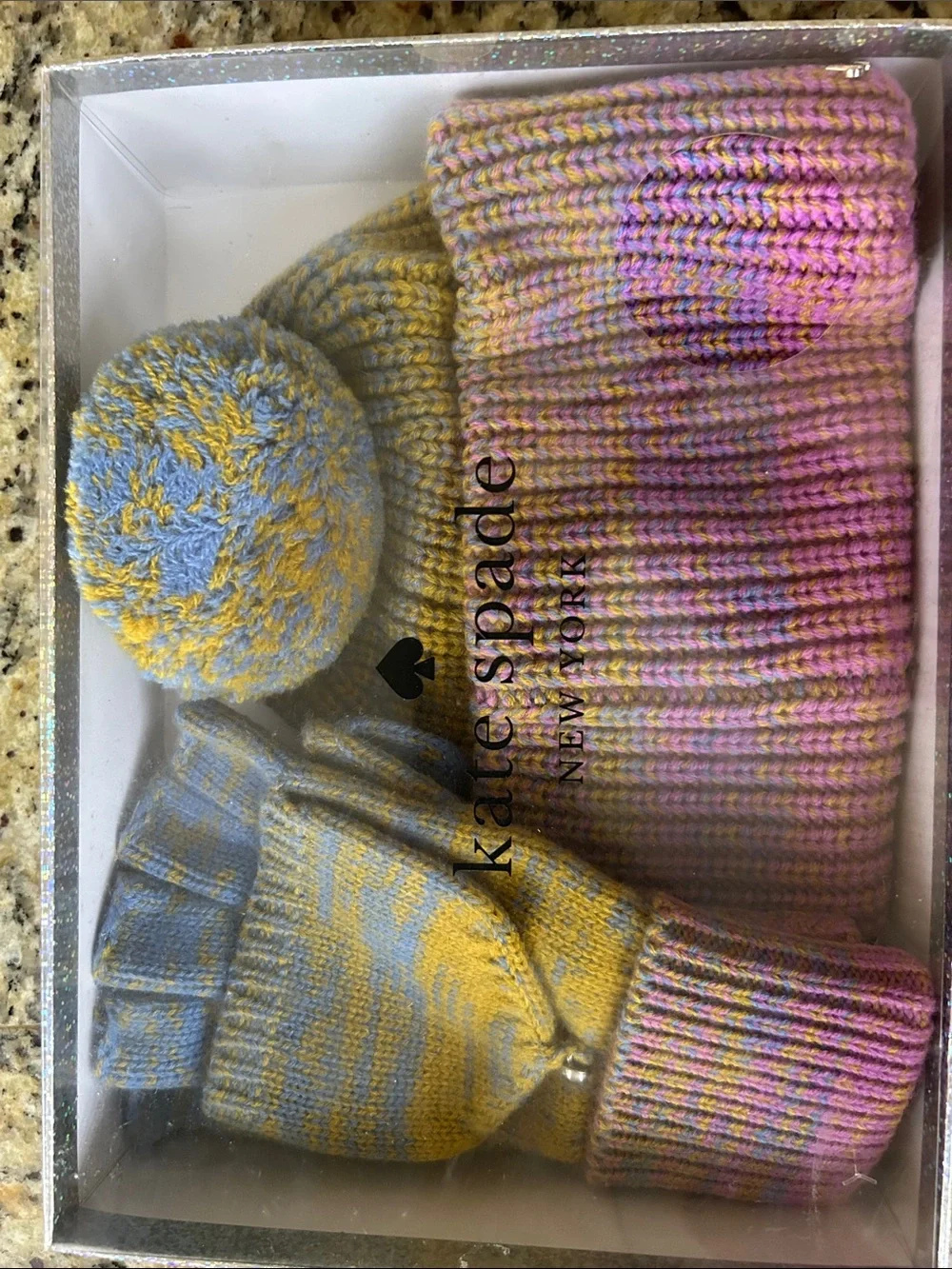 kate spade Multicolor Knit Hat and Glove Set - Yellow, Light Blue, Pink